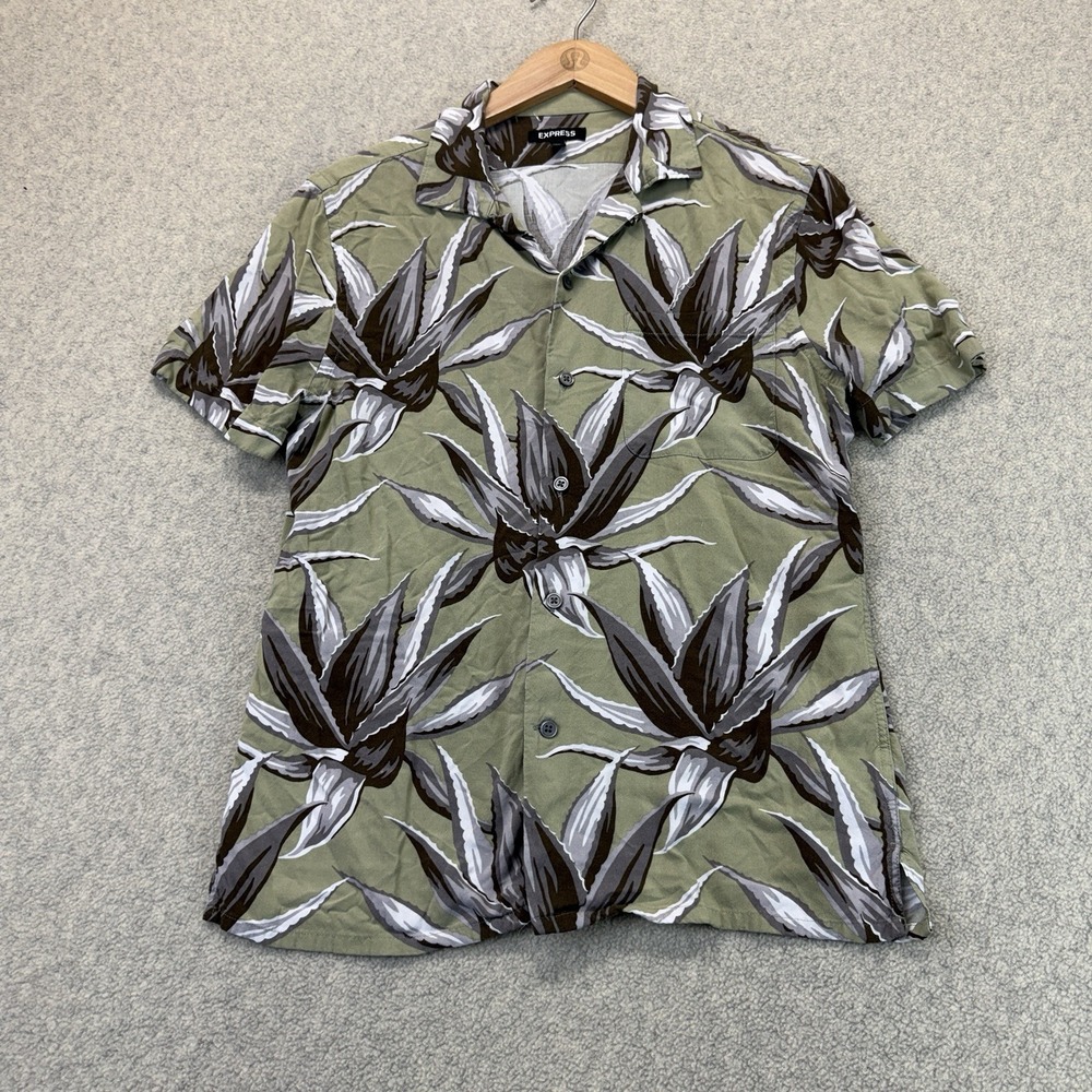 Express Men's XS Olive Green Tropical Leaf Print Short-Sleeve Button-Up Shirt
